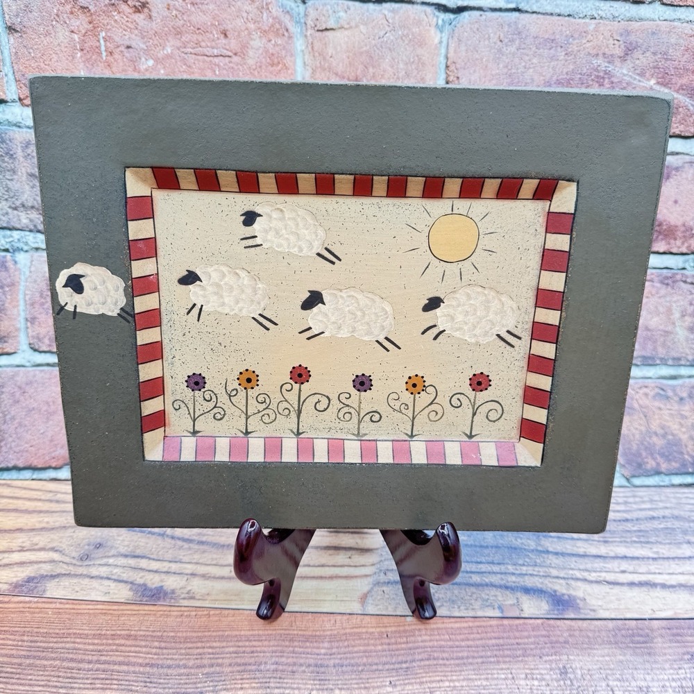 Vintage Donna White Wooden Plate Plaque Sheep Signed Folk Art Farmhouse 90s
